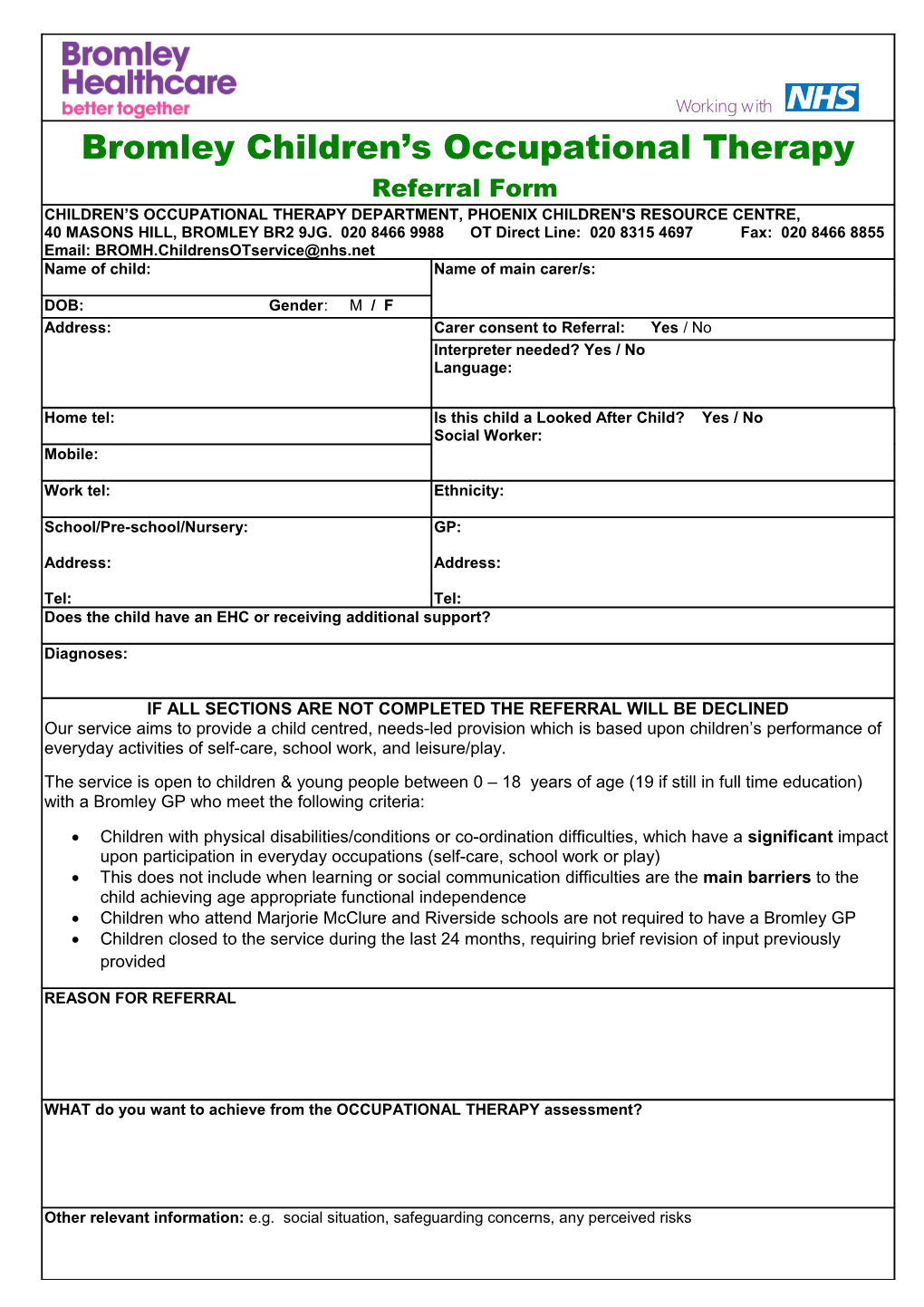 Children and Young People Occupational Therapy Referral Form