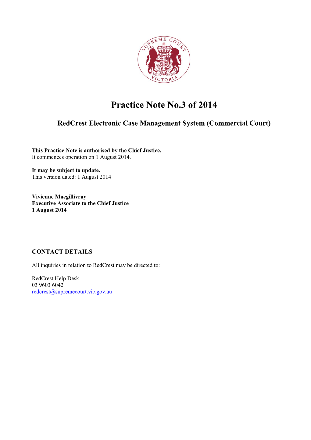 Practice Note No.3 of 2014 Redcrest Electronic Case Management System (Commercial Court)