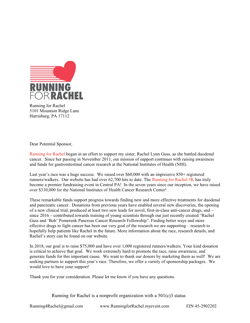 Running for Rachel Is a Nonprofit Organization with a 501(C)3 Status