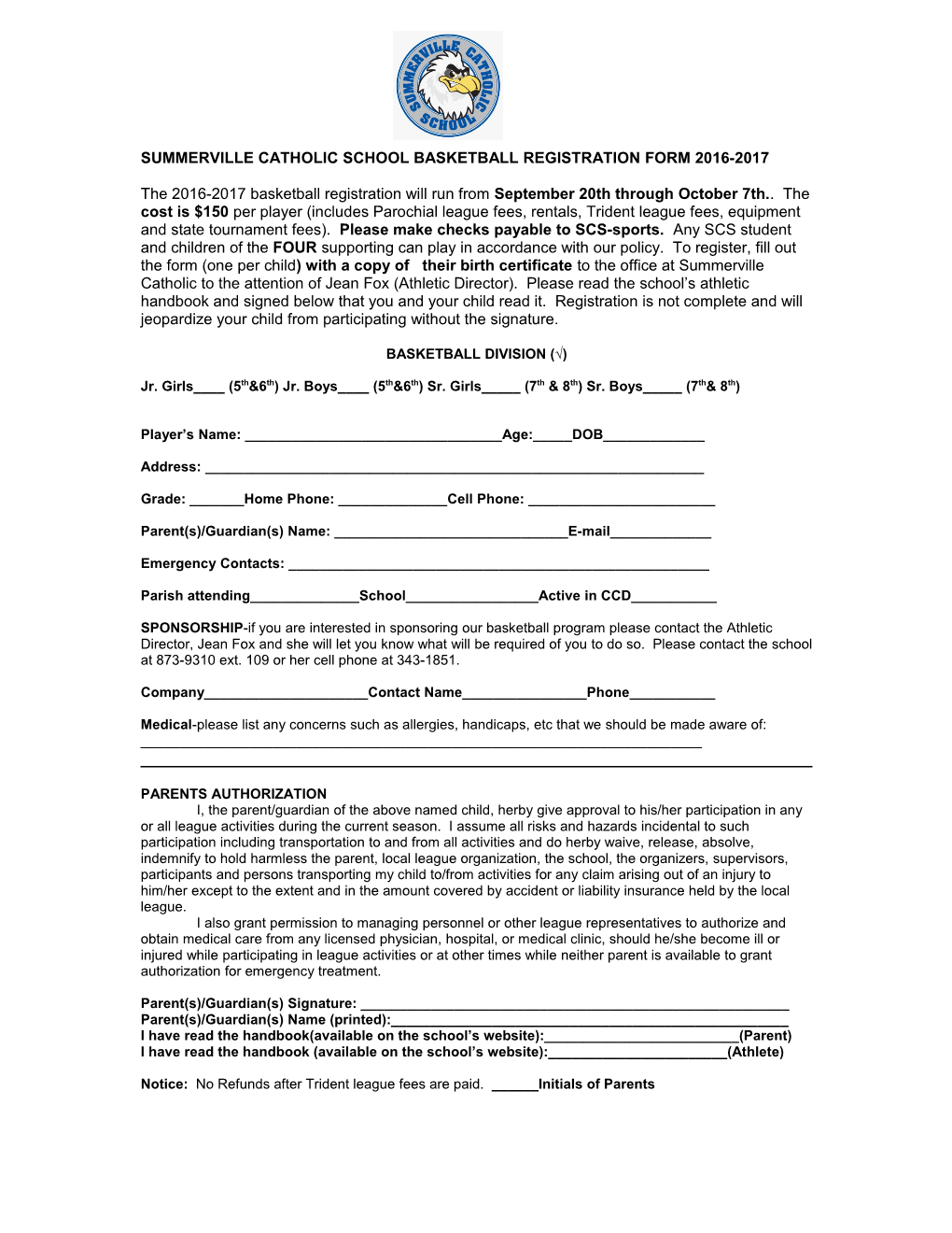Summerville Catholic School Basketball Registration Form 2016-2017