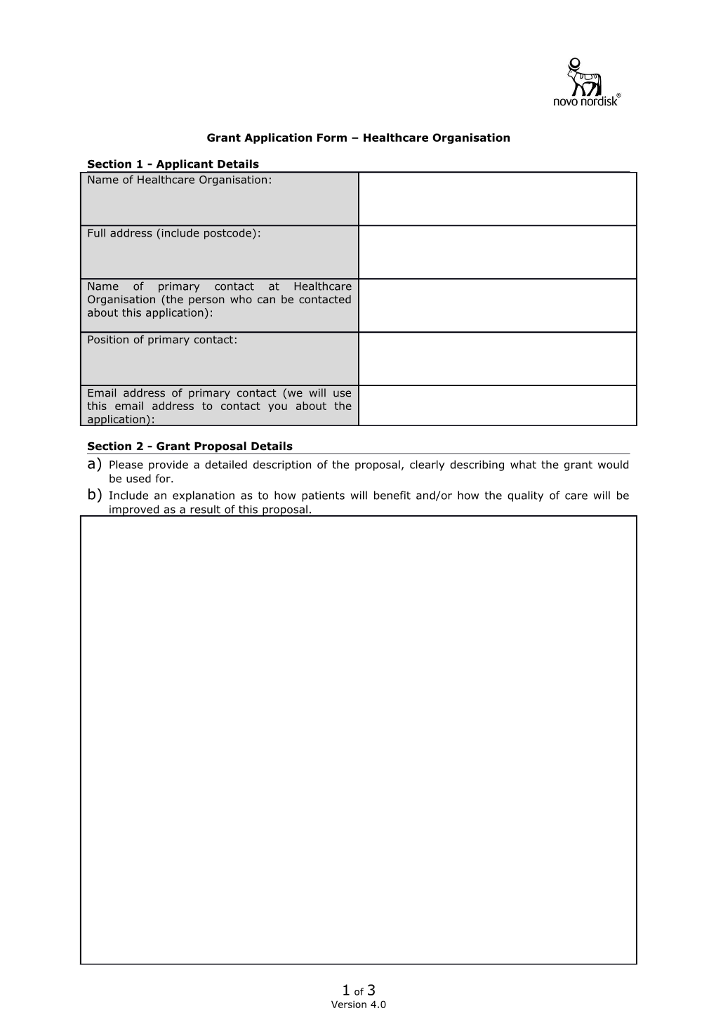 Grant Application Form Healthcare Organisation