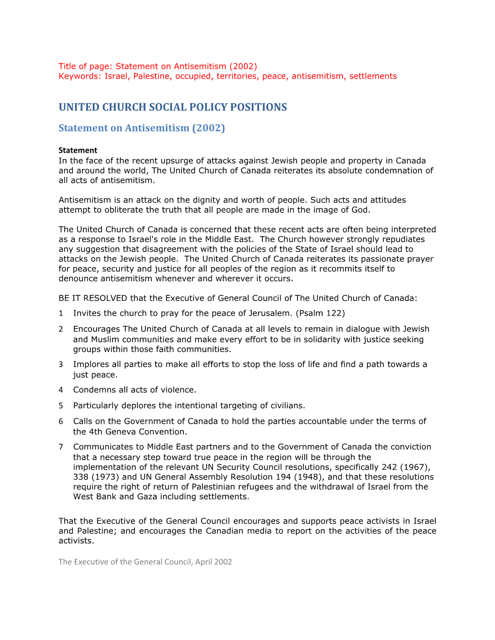 United Church Social Policy Positions