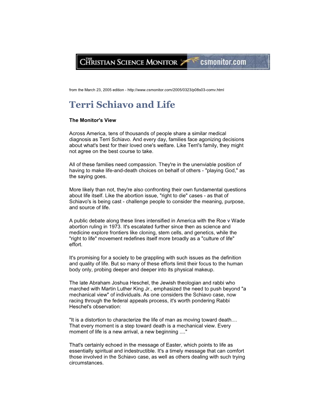 Terri Schiavo and Life