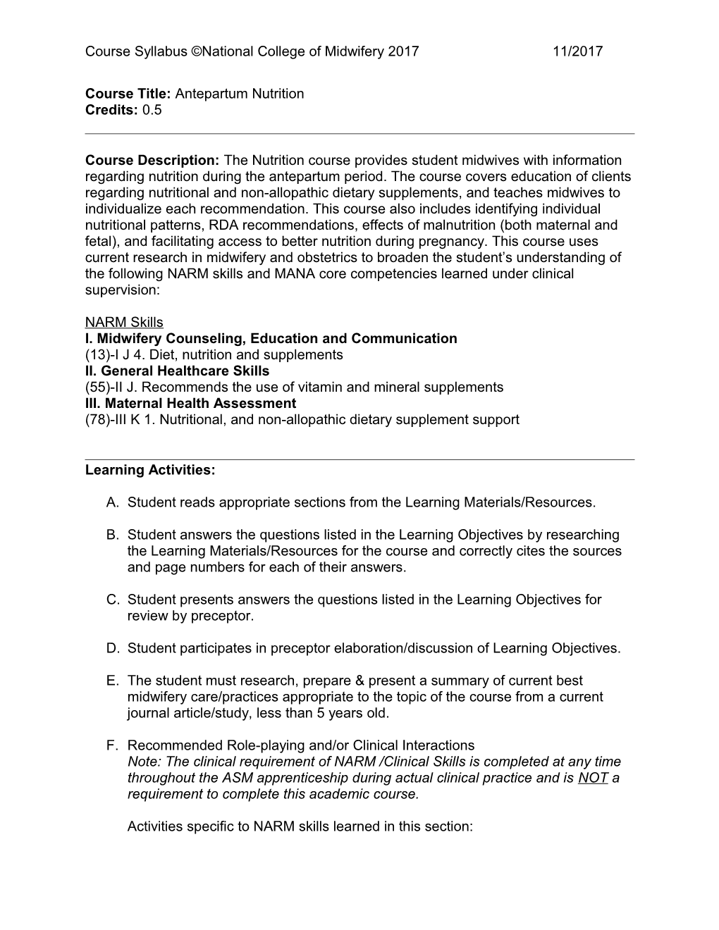 Course Title: Antepartum Nutrition