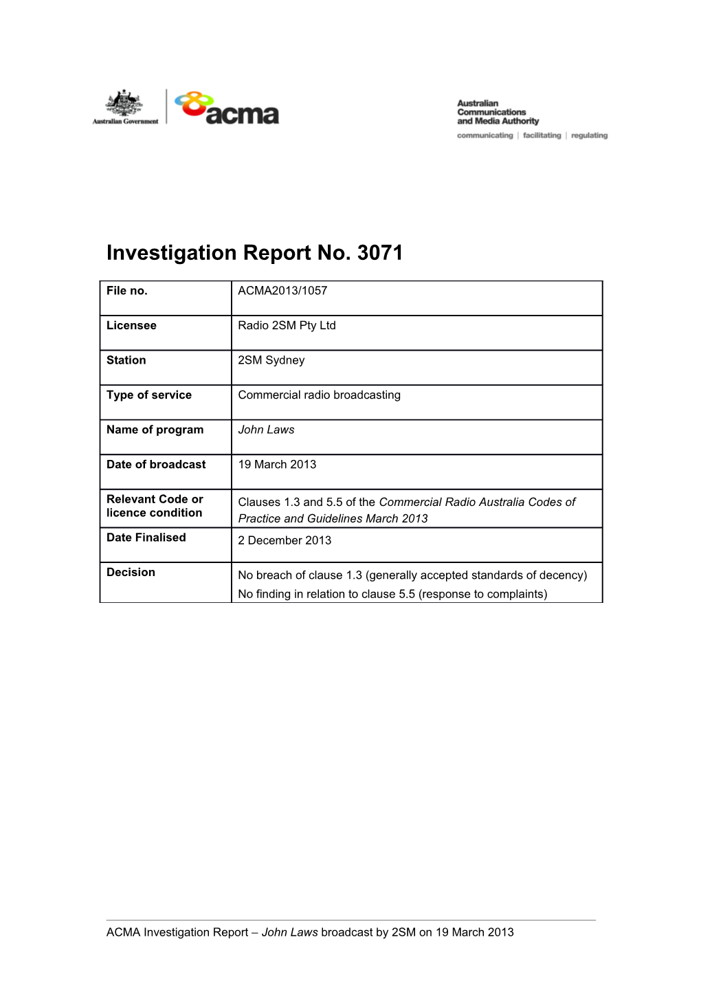 Investigation Report No. 3071