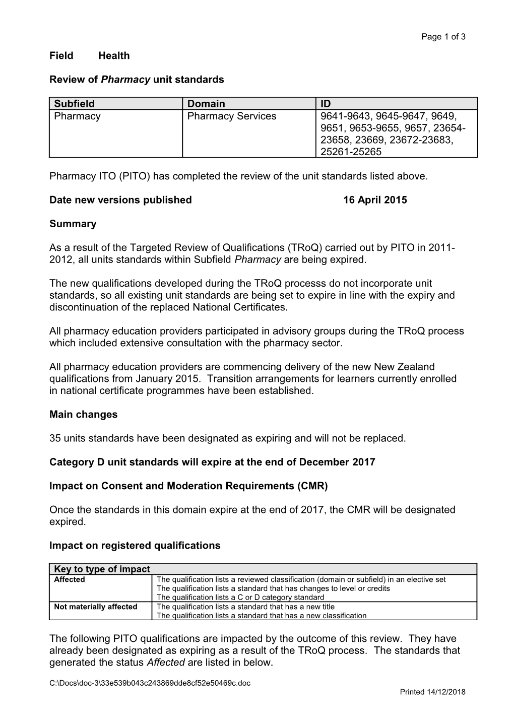 Review of Pharmacy Unit Standards