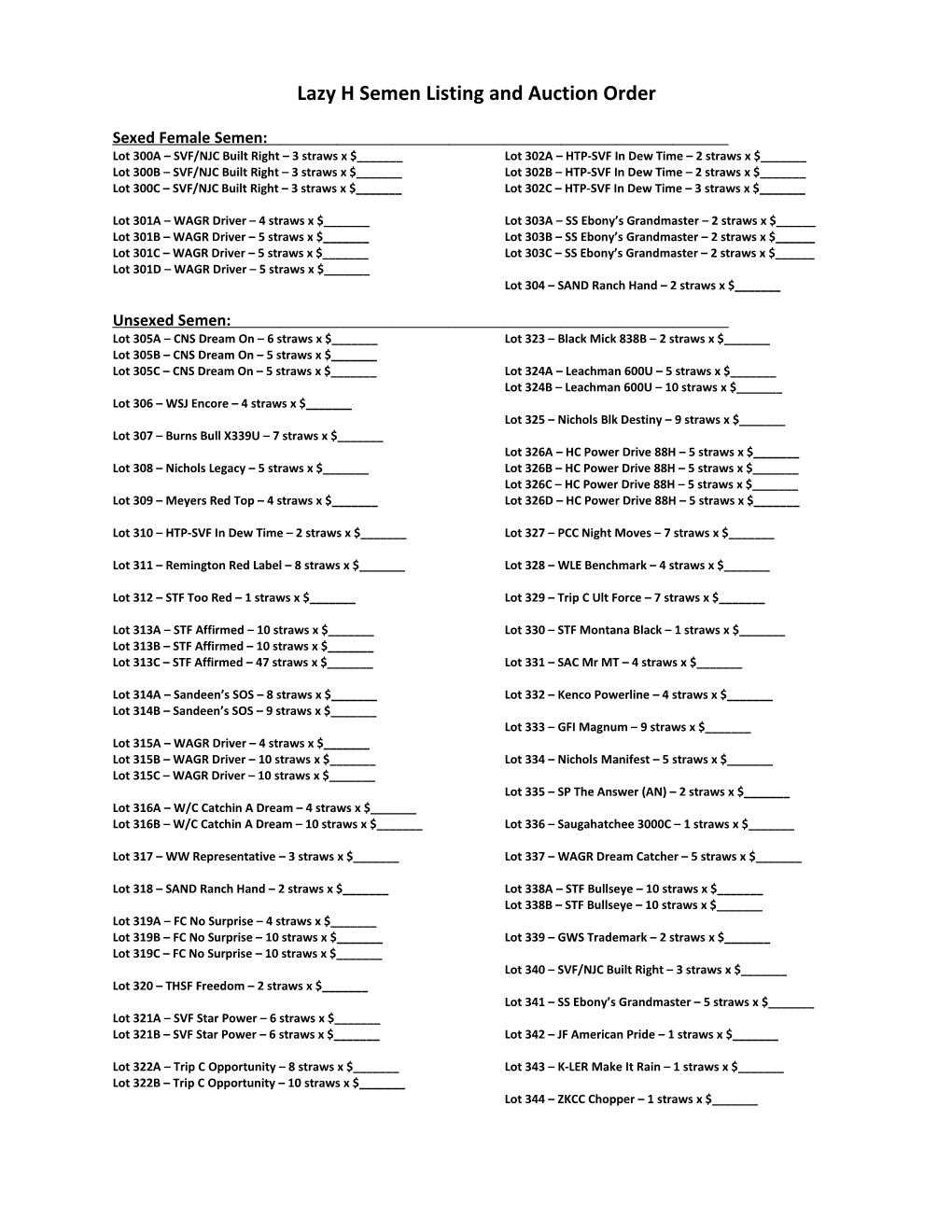 Lazy H Semen Listing and Auction Order