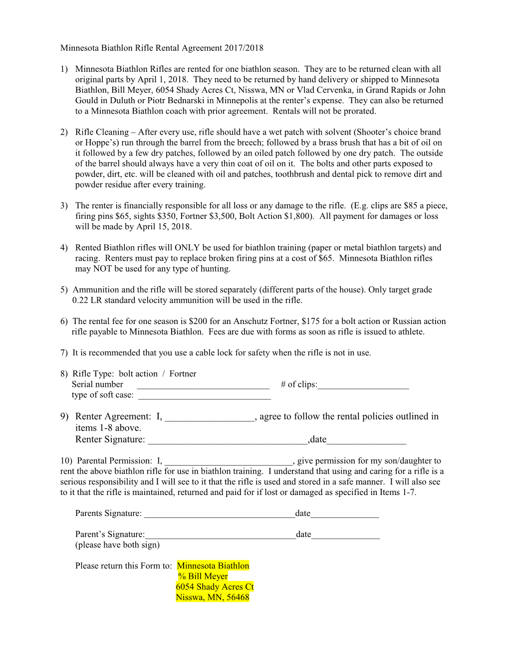 Minnesota Biathlon Rifle Rental Agreement