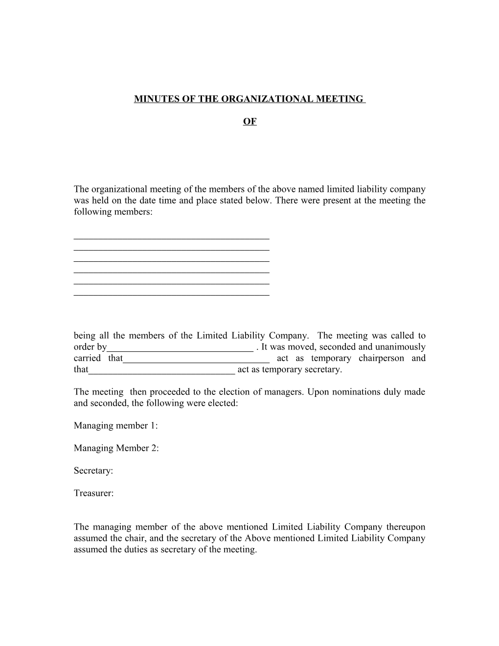 Minutes of the Organizational Meeting