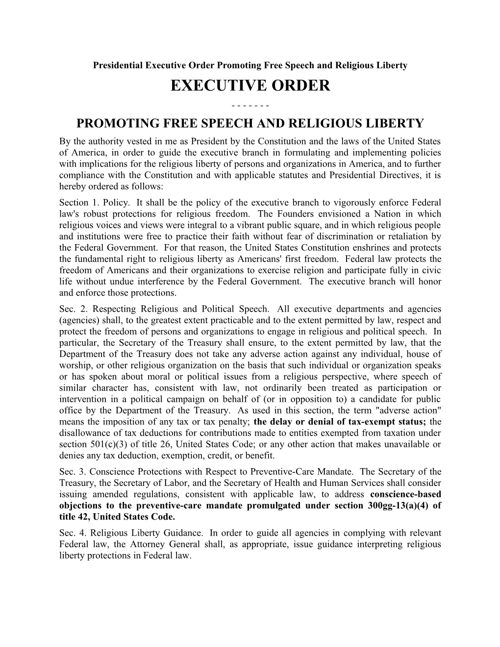 Presidential Executive Order Promoting Free Speech and Religious Liberty