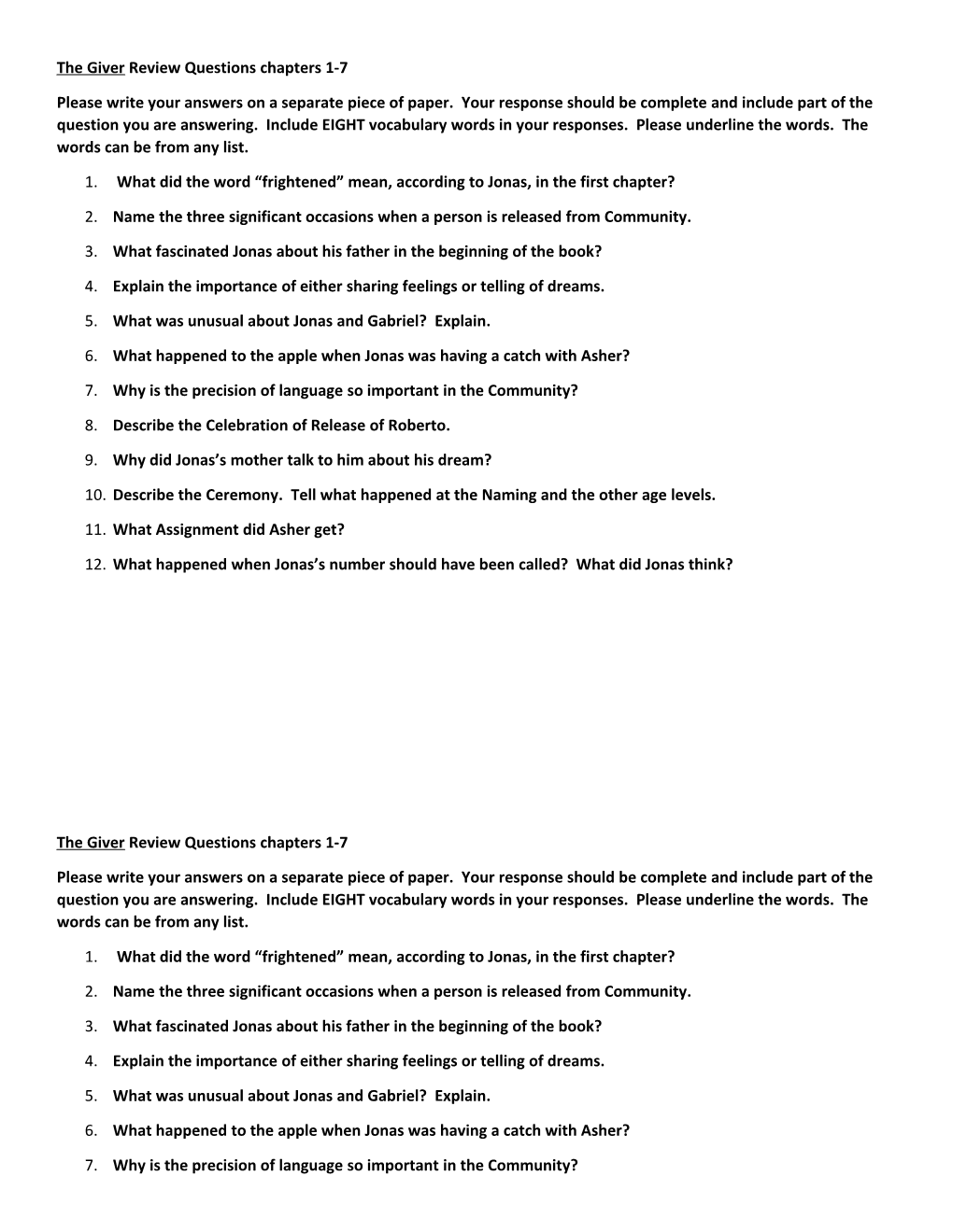 The Giver Review Questions Chapters 1-7