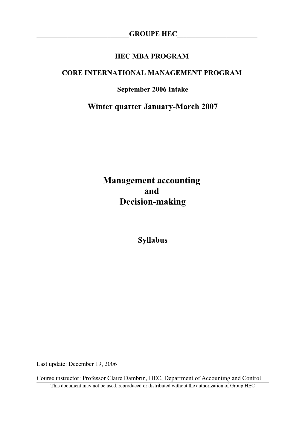 Core International Management Program