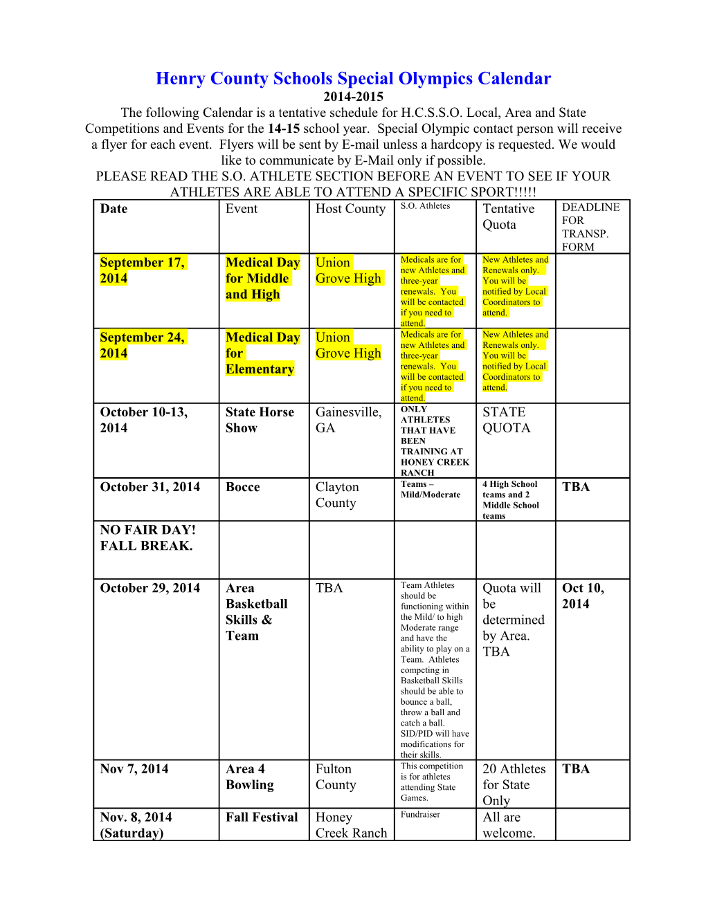 Henry County Schools Special Olympics Calendar