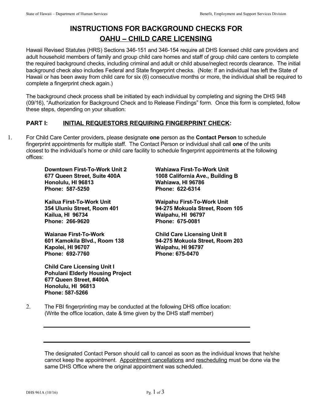 State of Hawaii Department of Human Services Benefit, Employment and Support Services Division