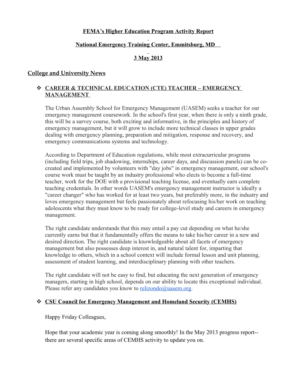 FEMA S Higher Education Programactivity Report
