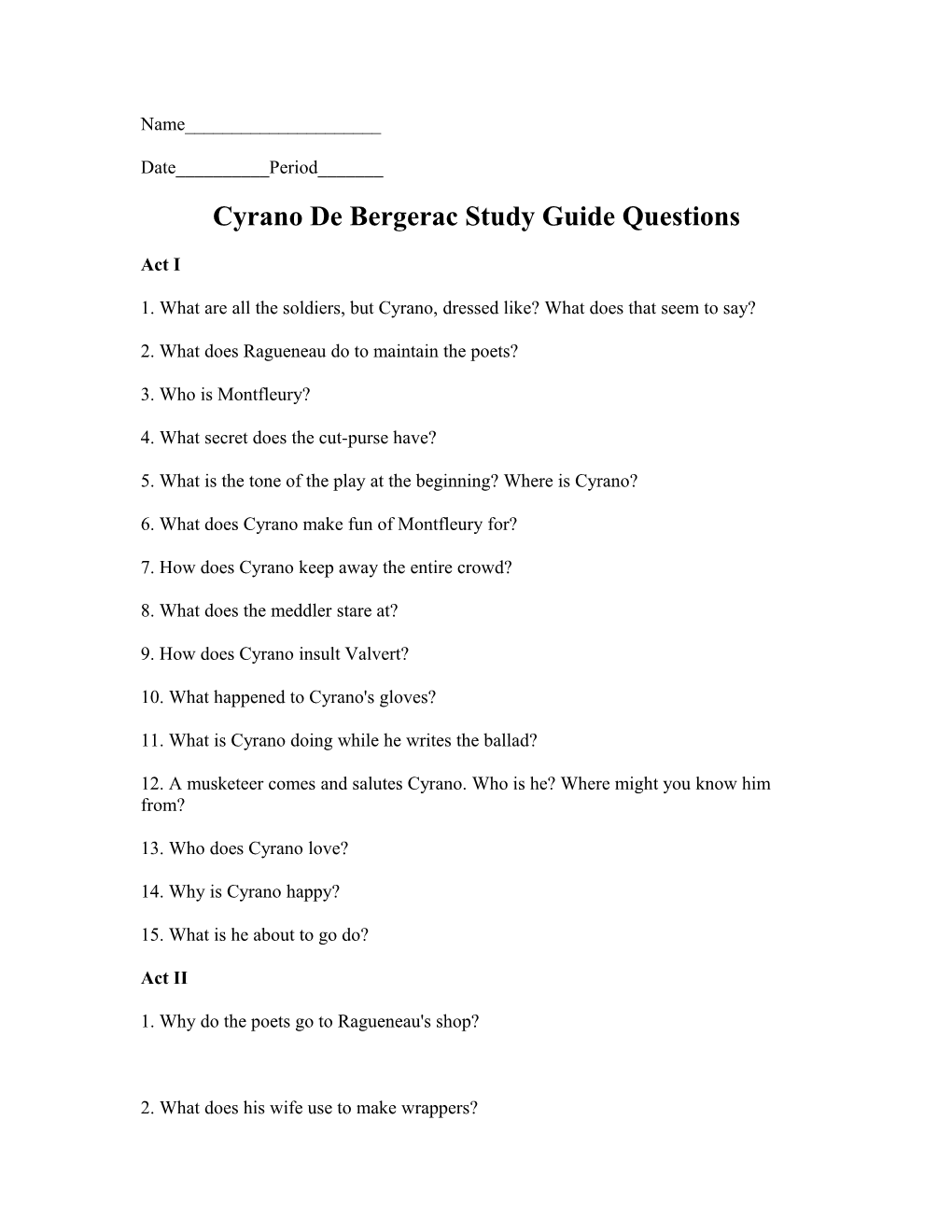 Cyrano De Bergerac Study Guide Questions