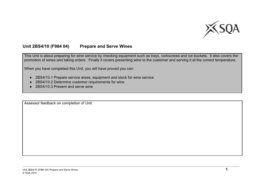 Unit 2BS4/10 (F984 04)Prepare and Serve Wines