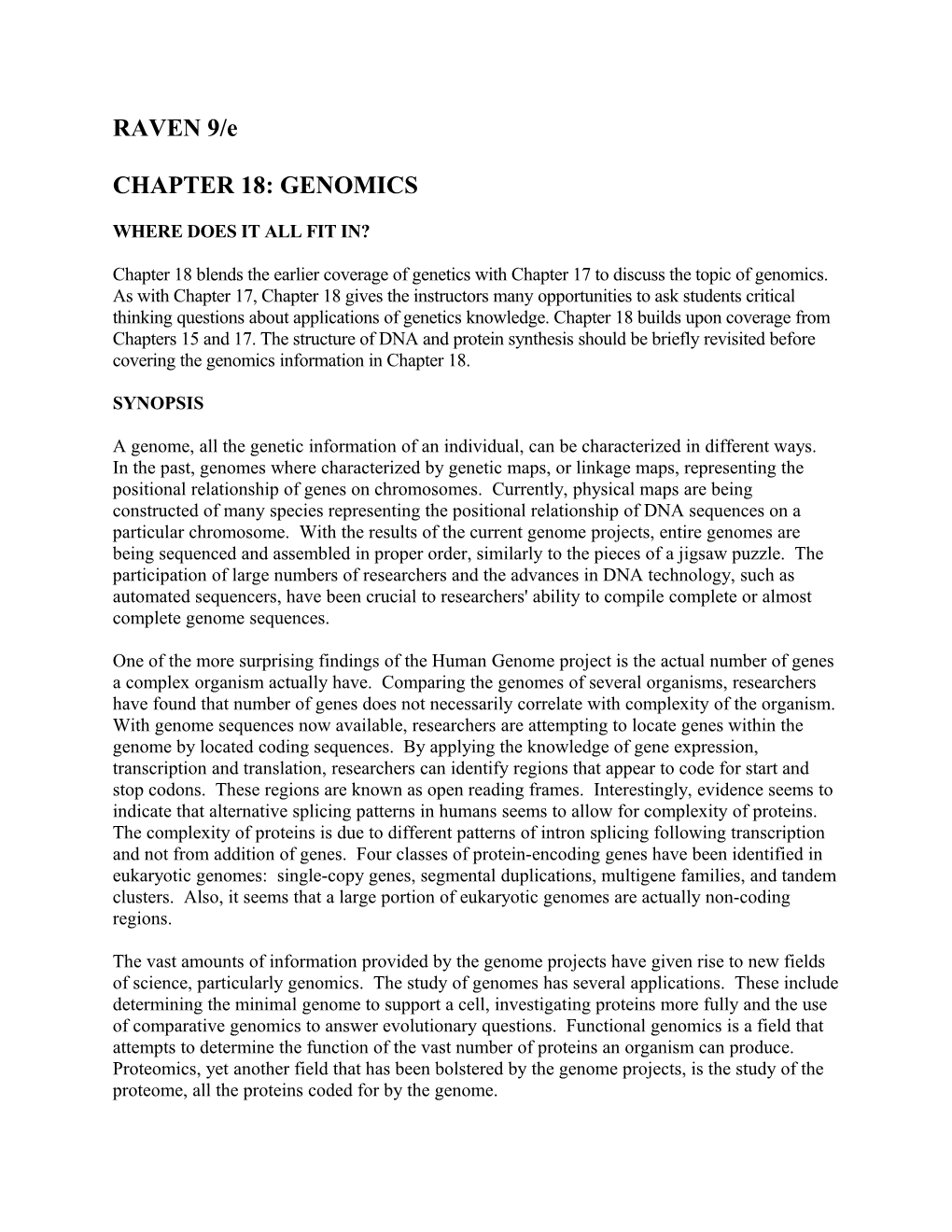 Genomes Chapter Synopsis
