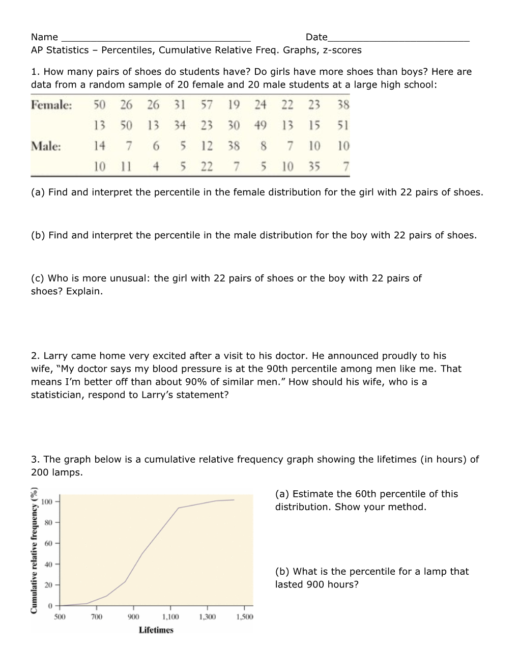 Name ______Date______ AP Statistics Percentiles, Cumulative Relative Freq. Graphs, Z-Scores