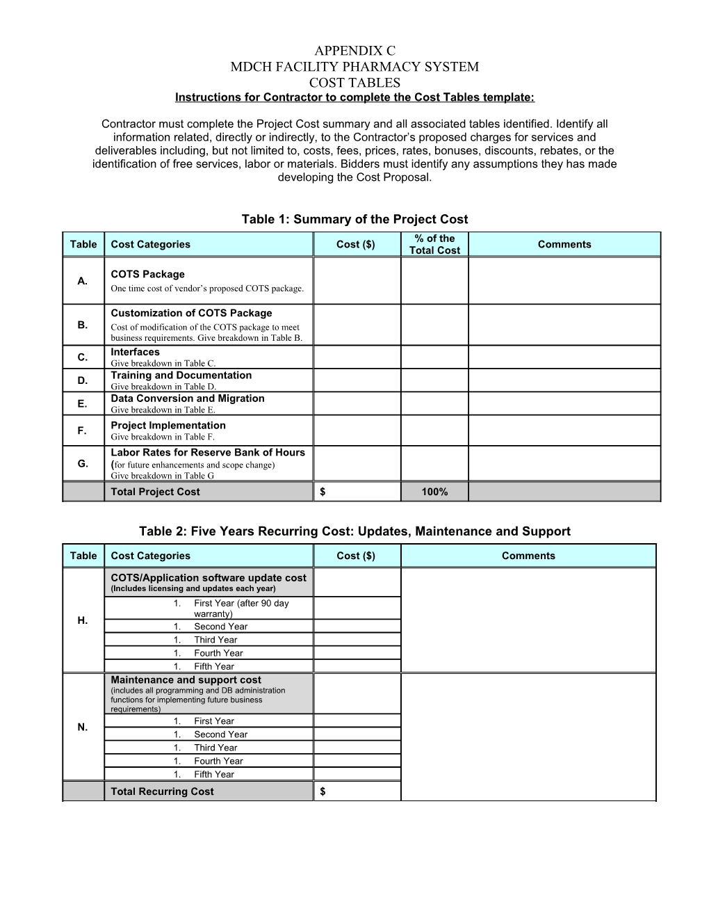 Instructions for Contractor to Complete the Cost Tables Template