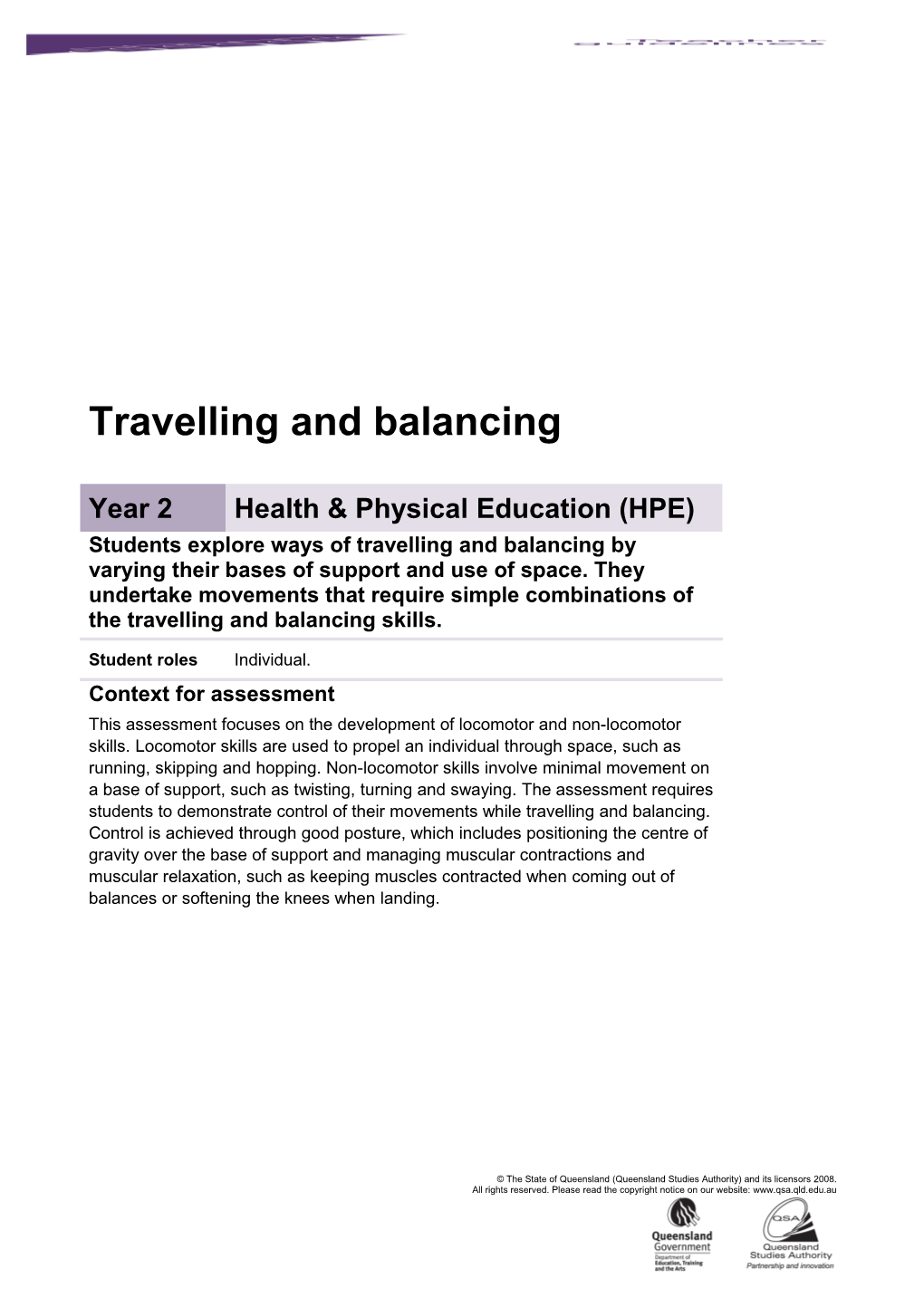 Year 2 Health & Physical Education Assessment Teacher Guidelines Travelling and Balancing