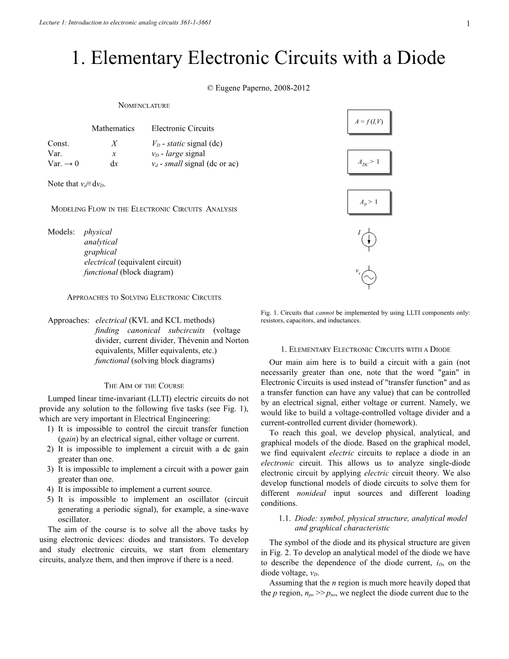 Lecture 1: Introduction to Electronic Analog Circuits 361-1-3661