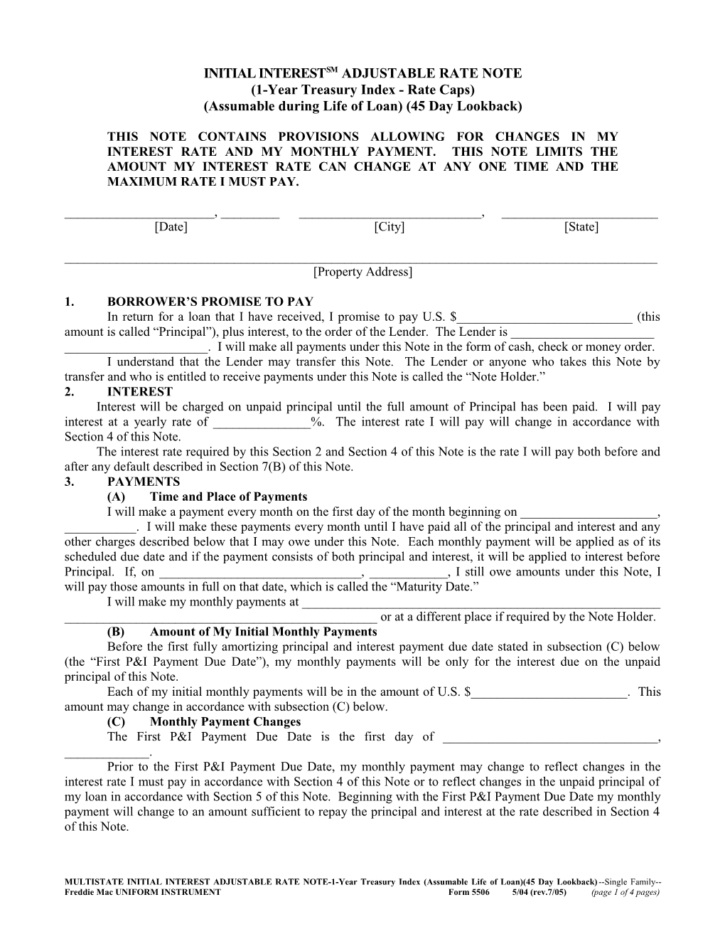 Multistate Initial Interest Adjustable Rate Note (1-Year Treasury)(Assumable LOL)(45 Day