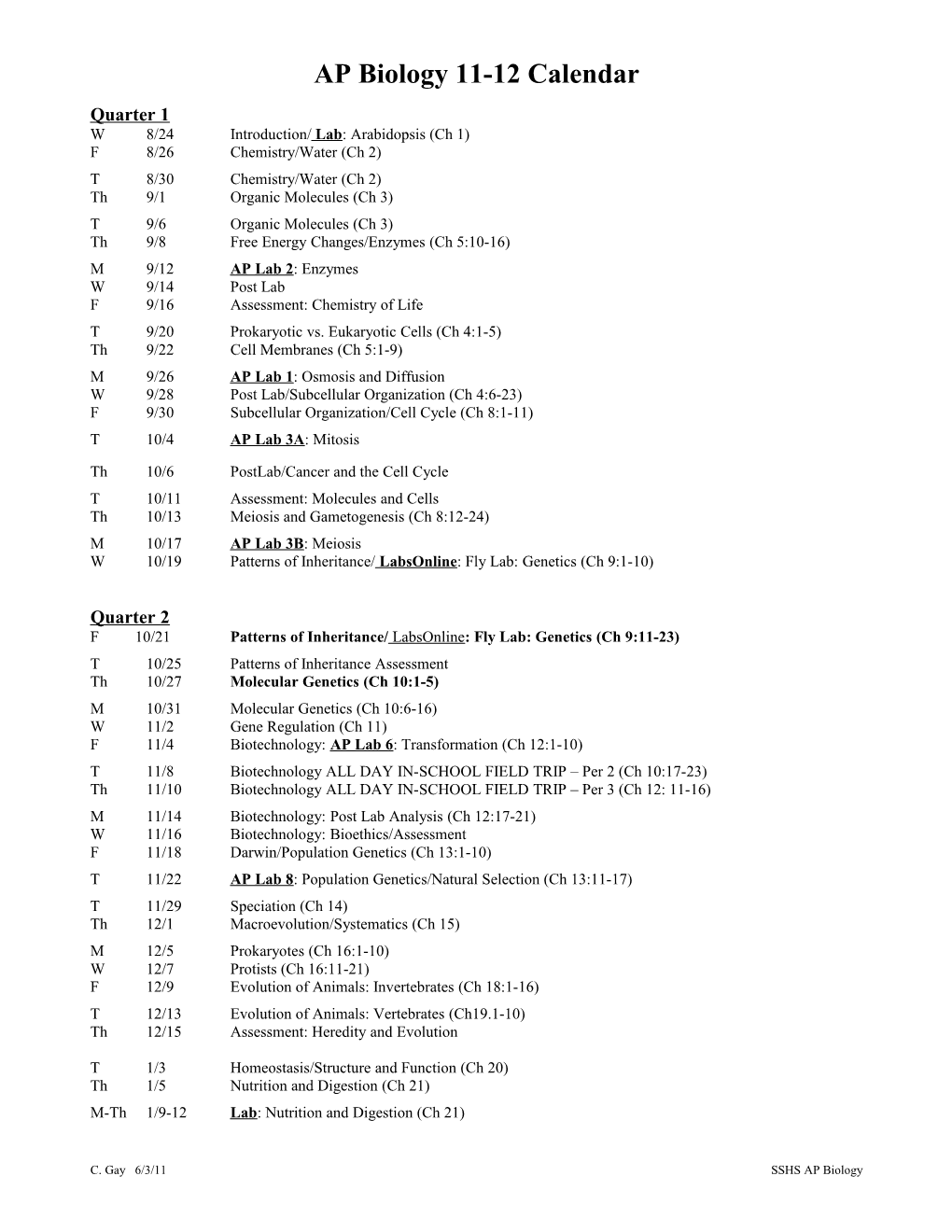 AP Biology 2006-7 Calendar