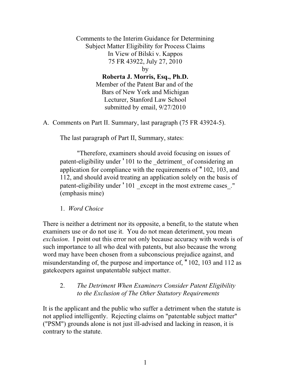 Comments to the Interim Guidance for Determining