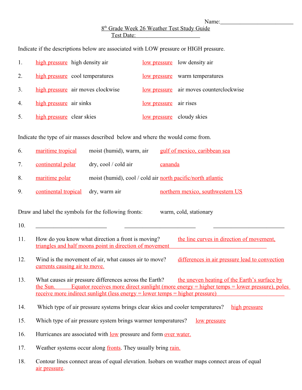 8Th Grade Week 26 Weather Test Study Guide