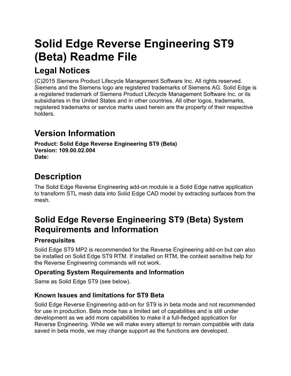 Solid Edge Reverse Engineering ST9 (Beta) Readme File