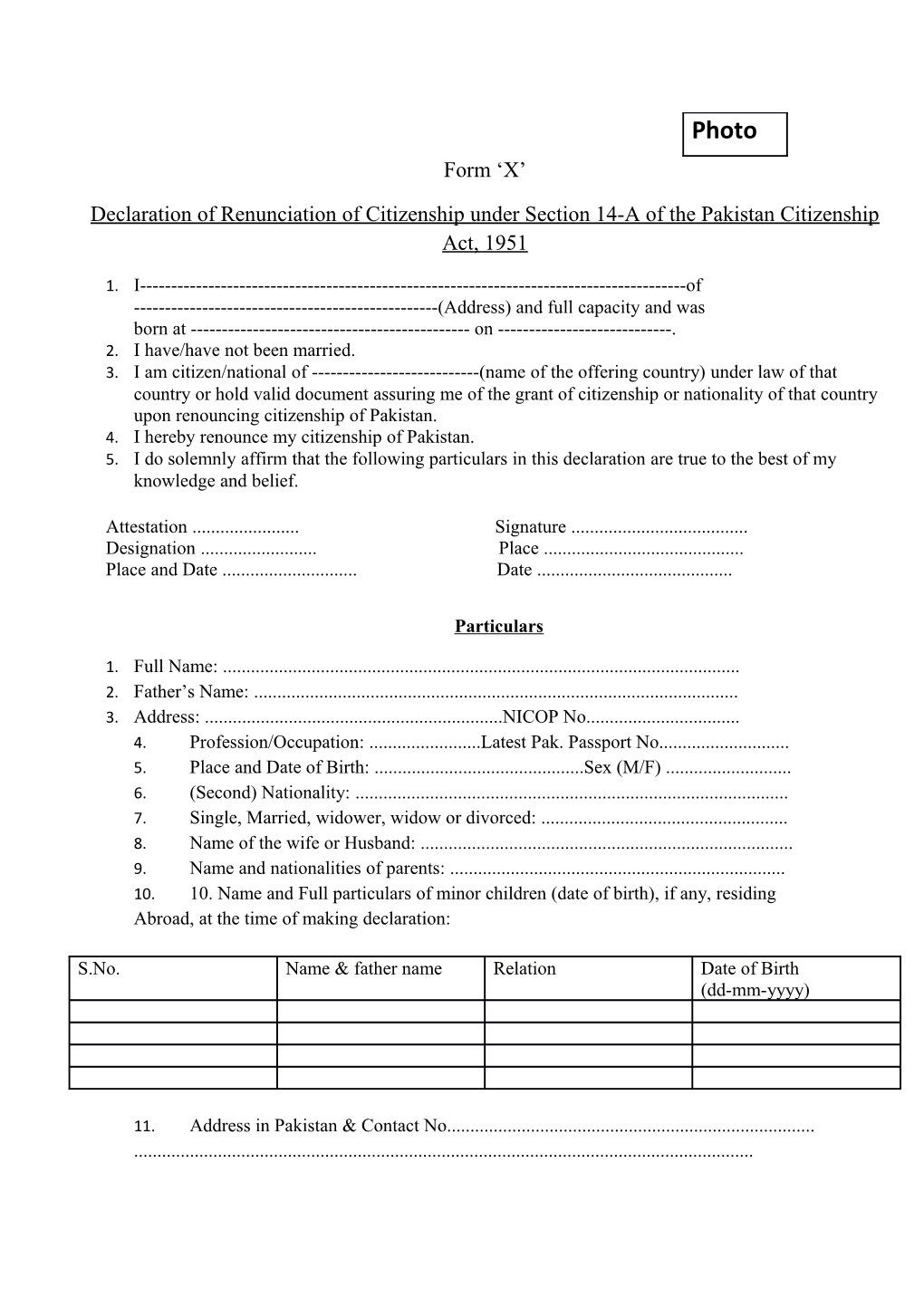 Declaration of Renunciation of Citizenship Under Section 14-A of the Pakistan Citizenship