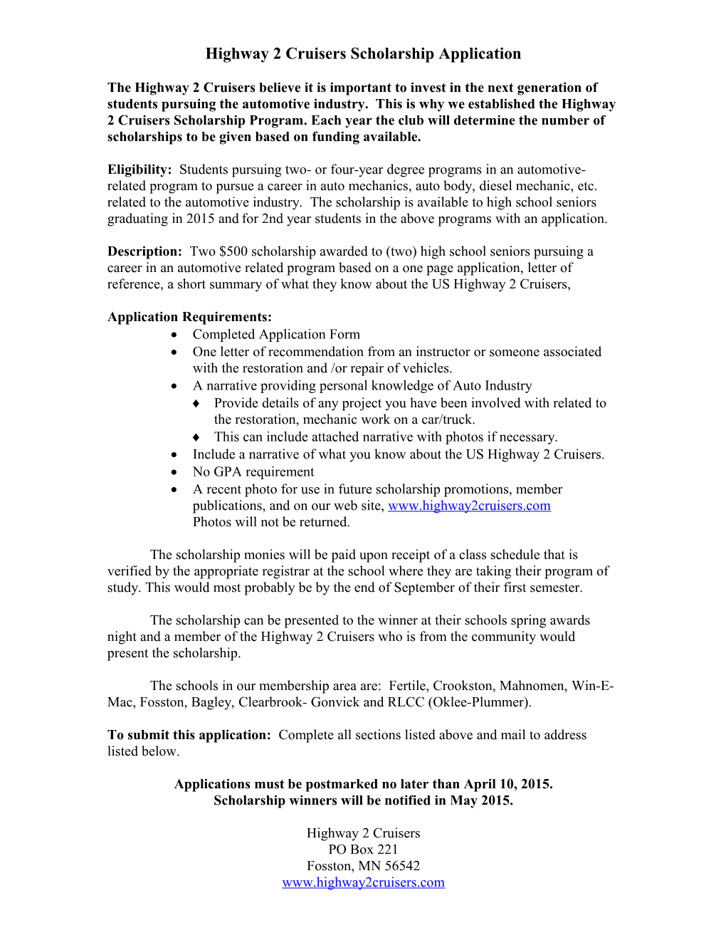 Highway 2 Cruisers Scholarship Application