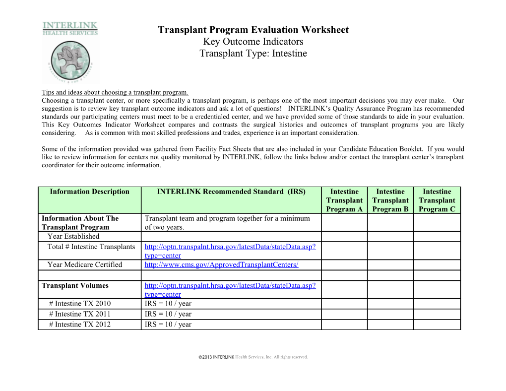 Transplant Program Evaluation Worksheet