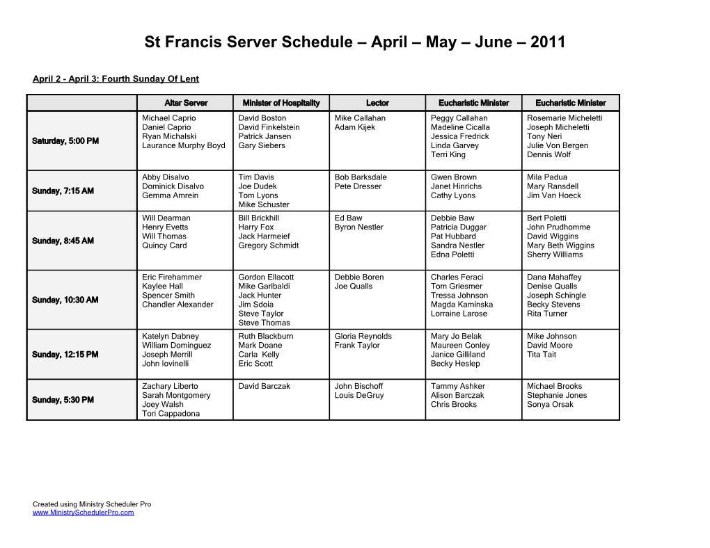 St Francis Server Schedule April May June 2011