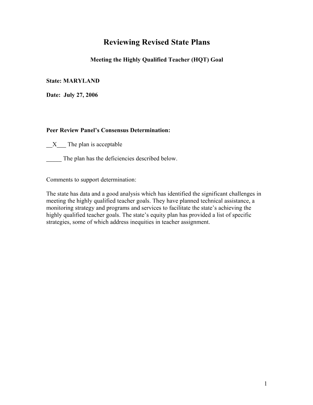 Maryland Highly Qualified Teacher State Plans Reviewer Comments (MS WORD)