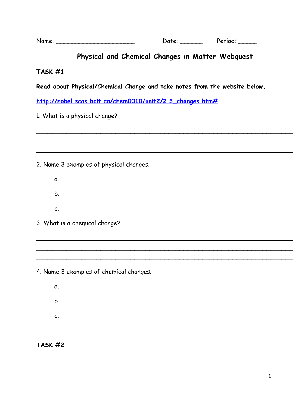 Physical and Chemical Changes in Matter Webquest