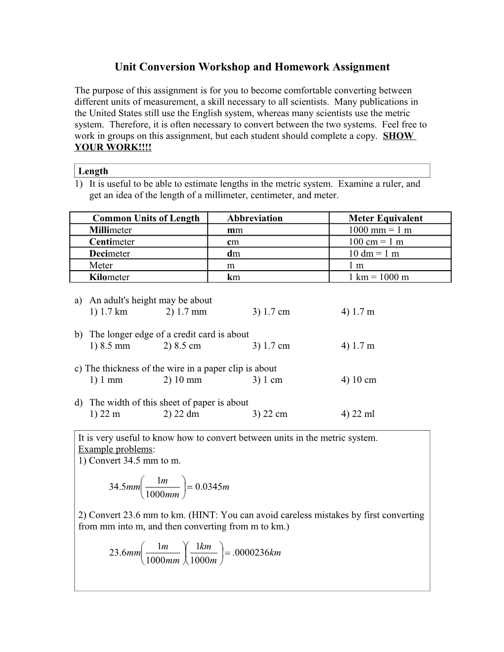 Unit Conversion Homework