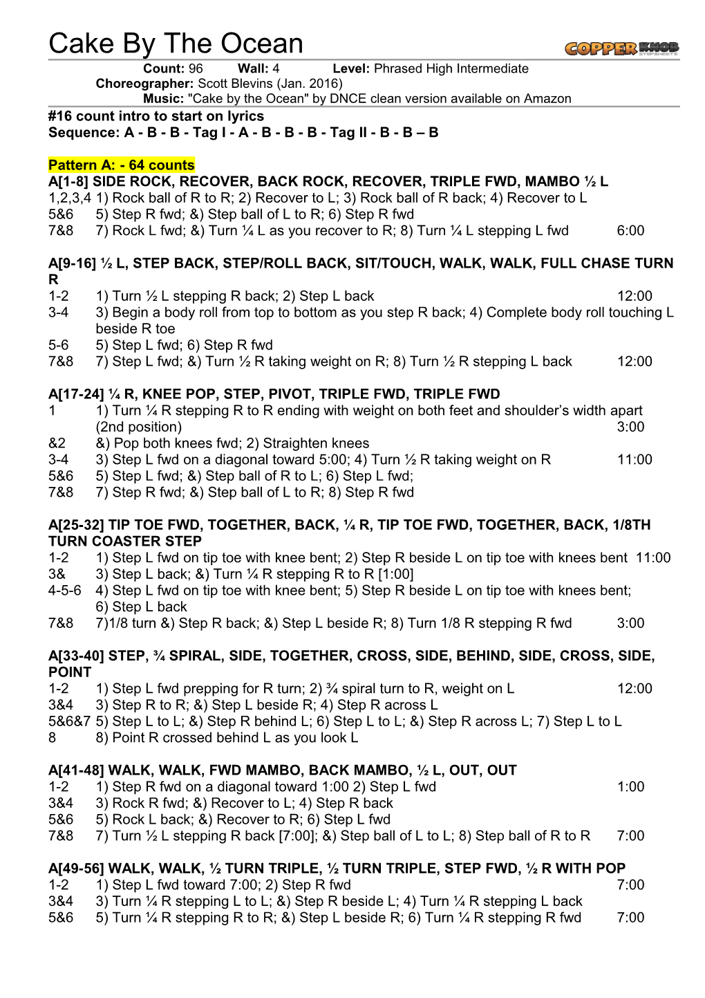 Copperknob - Linedance Stepsheets - Cake by the Ocean