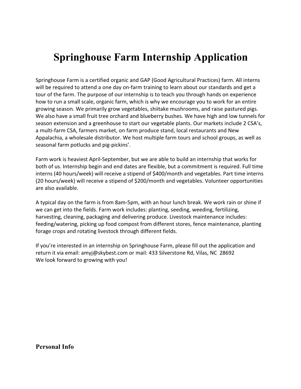 Springhouse Farm Internship Application