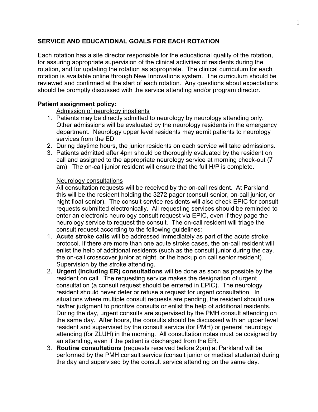 Service and Educational Goals for Each Rotation