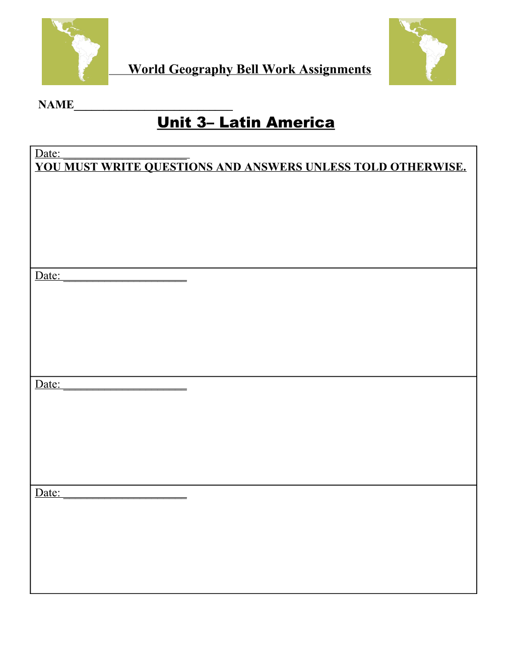 American History Bell Work Assignments