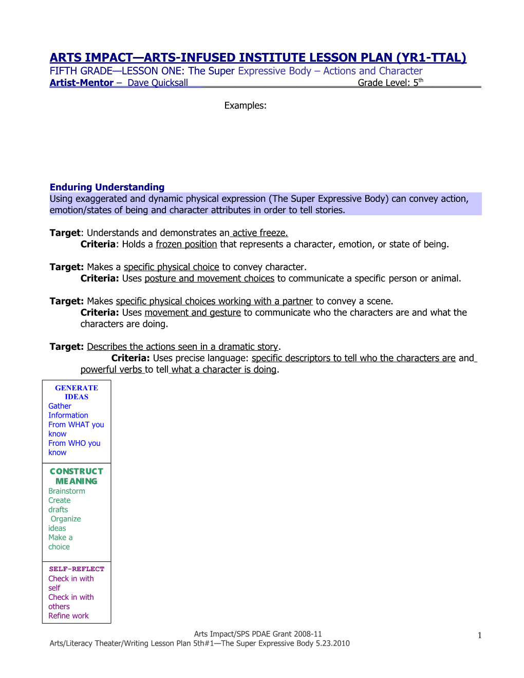 Arts Impact Arts-Infused Institute Lesson Plan (Aemdd)