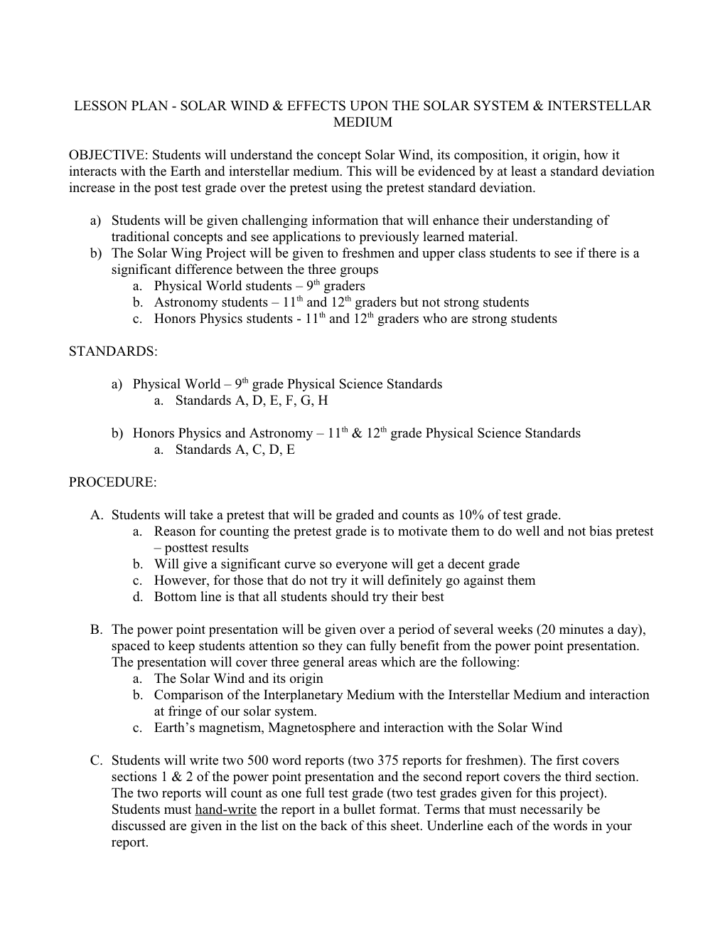 Rubric - Solar Wind and Its Effects Upon the Solar System