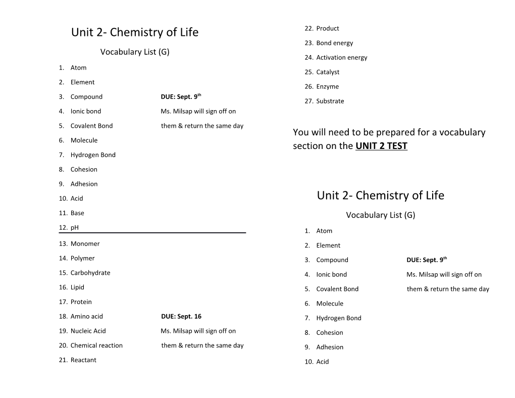 Unit 2- Chemistry of Life
