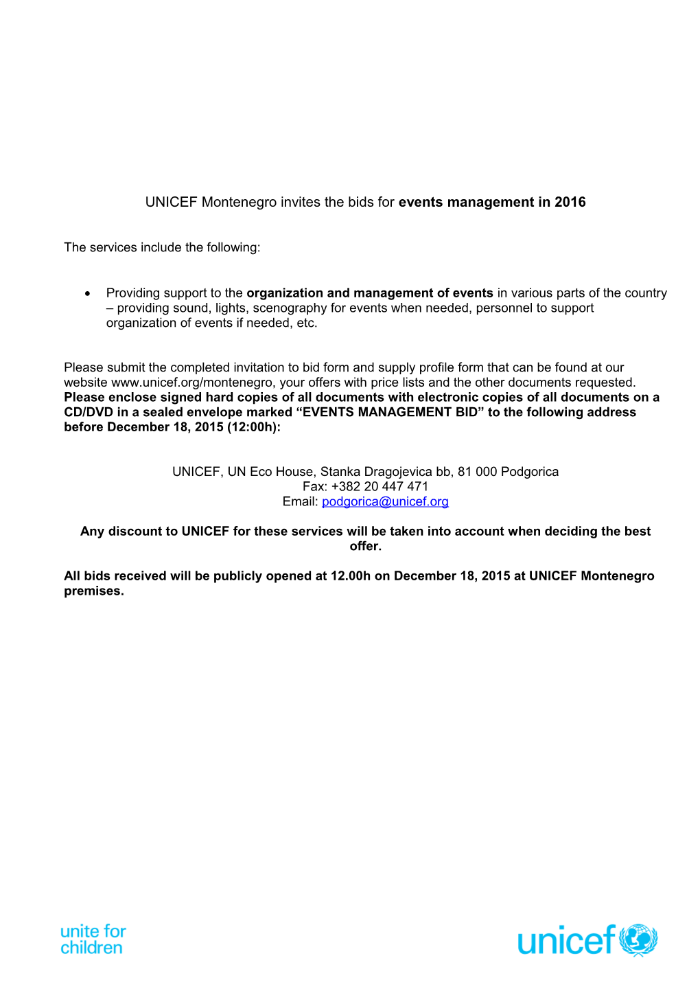 UNICEF Montenegro Invites the Bids for Events Management in 2016