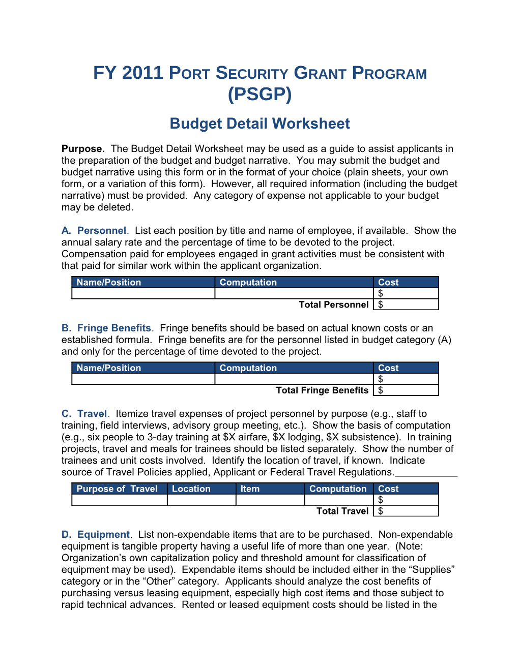 Sample Budget Detail Worksheet