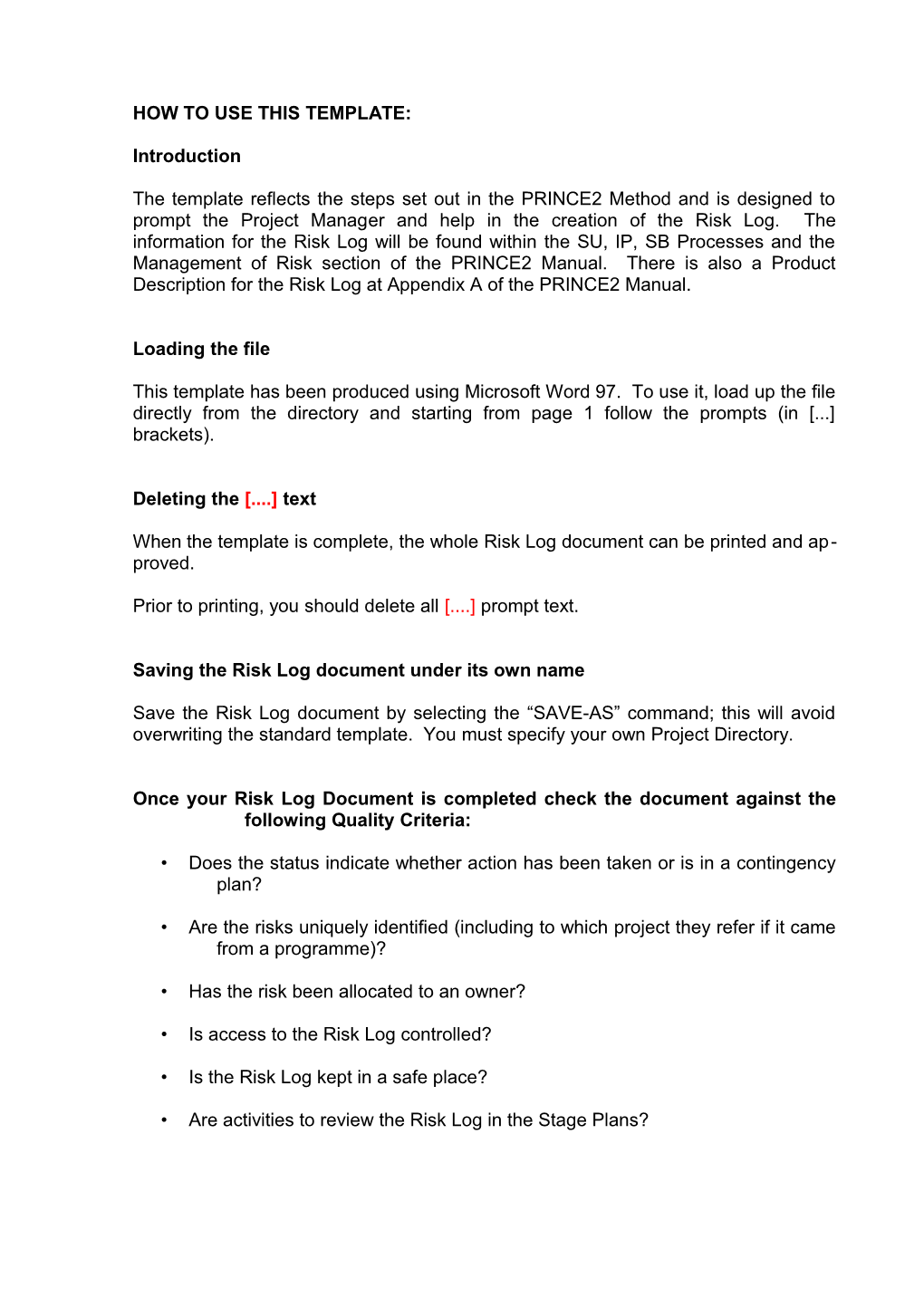 Risk Log Template