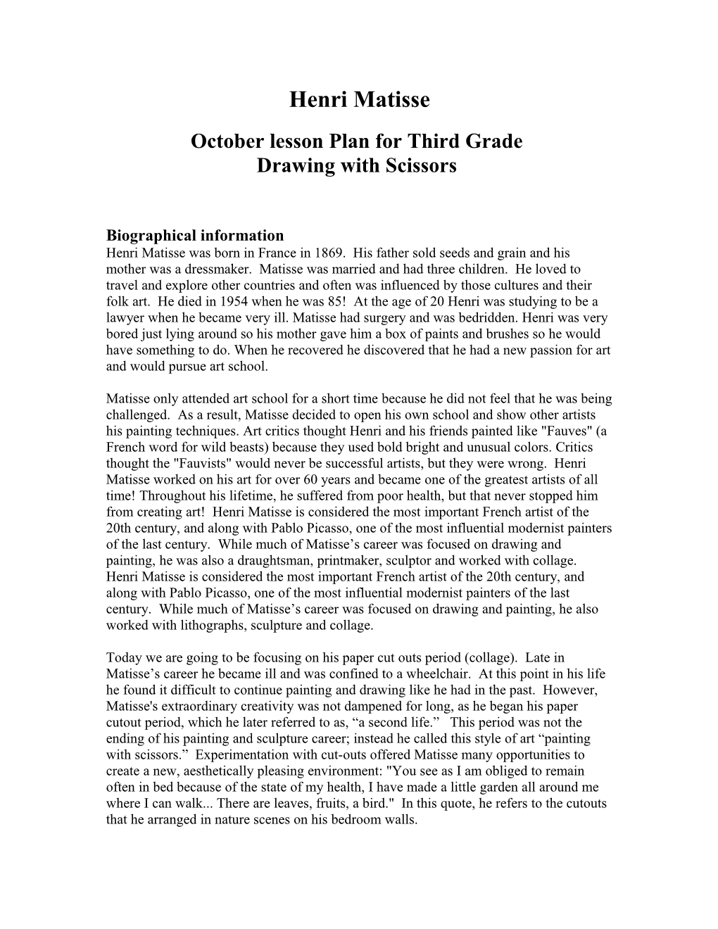October Lesson Plan for Third Grade