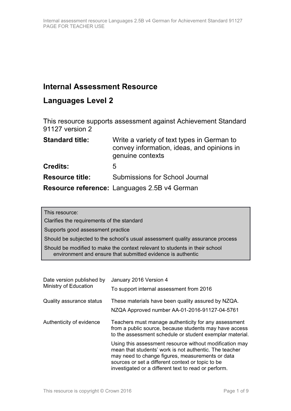 Level 2 Languages German Internal Assessment Resource